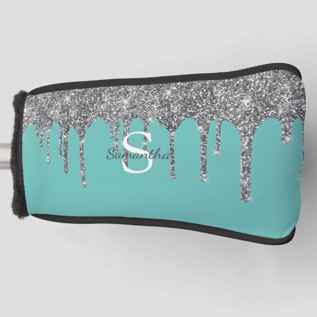 Silver Glitter Drips Sparkle Monogram Name Teal Golf Head Cover (Front)