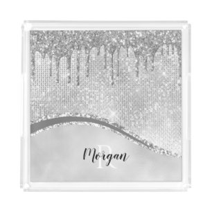 Silver Glitter Drips & Sparkle, Name & Monogram Acrylic Tray