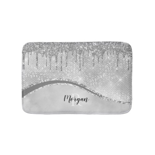 Silver Glitter Drips  Sparkle Name  Monogram Bath Mat