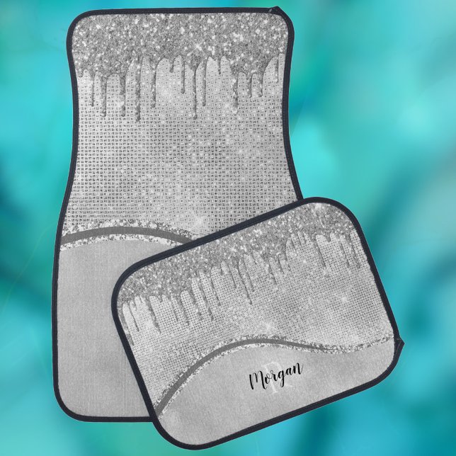 Silver Glitter Drips & Sparkle, Name & Monogram Car Floor Mat (Creator Uploaded)