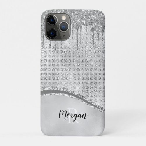 Silver Glitter Drips  Sparkle Name  Monogram iPhone 11 Pro Case