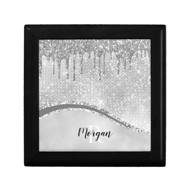 Silver Glitter Drips & Sparkle, Name & Monogram Gift Box (Front)