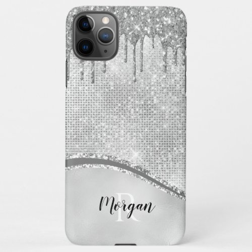 Silver Glitter Drips  Sparkle Name  Monogram iPhone 11Pro Max Case