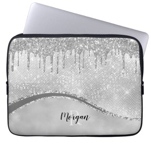 Silver Glitter Drips  Sparkle Name  Monogram Laptop Sleeve