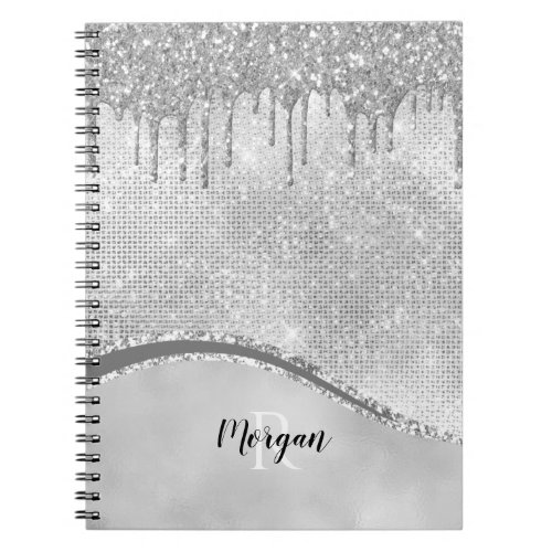 Silver Glitter Drips  Sparkle Name  Monogram Notebook