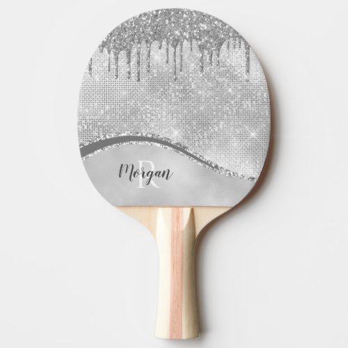 Silver Glitter Drips  Sparkle Name  Monogram Ping Pong Paddle