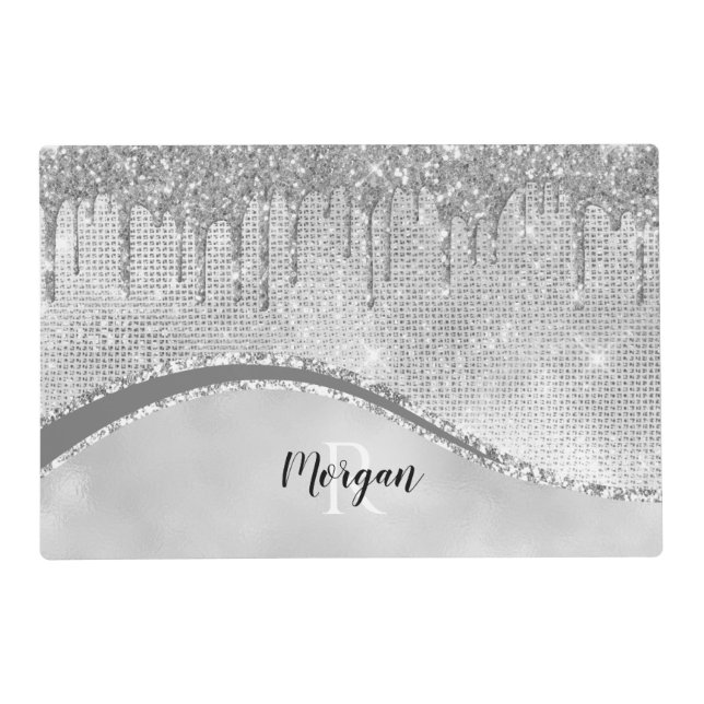 Silver Glitter Drips & Sparkle, Name & Monogram Placemat (Front)