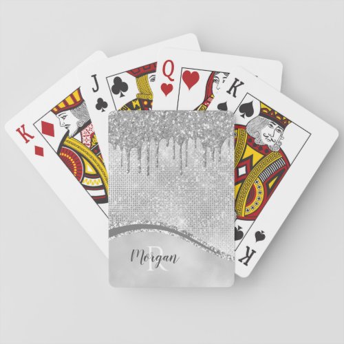 Silver Glitter Drips  Sparkle Name  Monogram Poker Cards