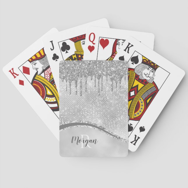 Silver Glitter Drips & Sparkle, Name & Monogram Poker Cards (Back)