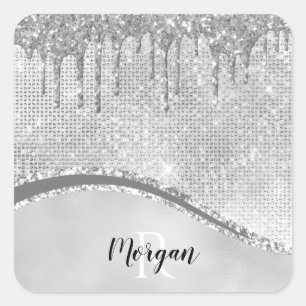 Silver Glitter Drips & Sparkle, Name & Monogram Square Sticker