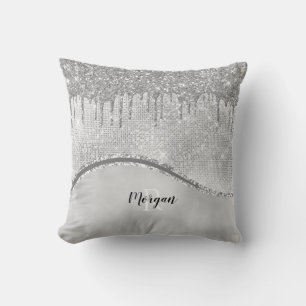 Silver Glitter Drips & Sparkle, Name & Monogram Throw Pillow