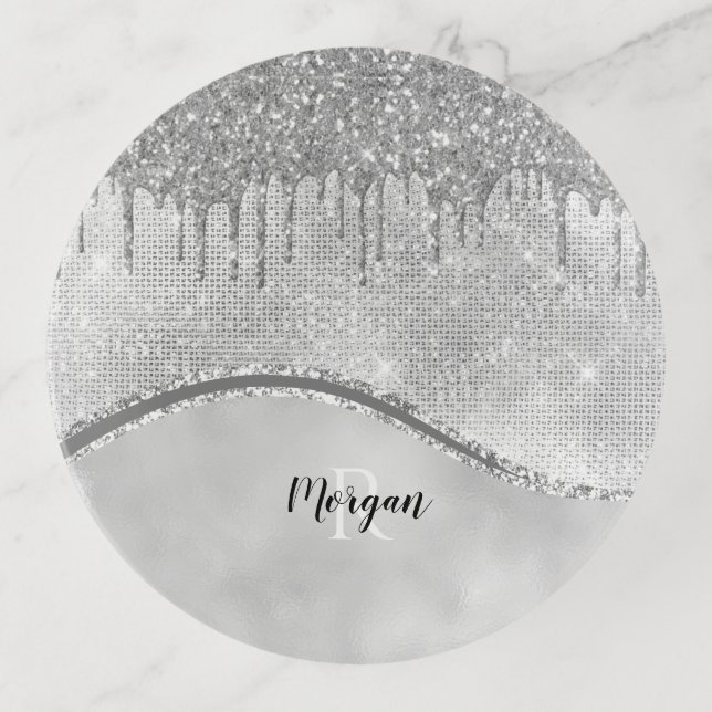 Silver Glitter Drips & Sparkle, Name & Monogram Trinket Tray (Front)