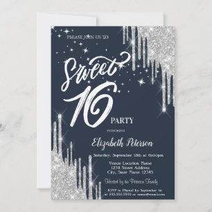 Silver Glitter Drips Stars Navy Blue Sweet 16 Invitation