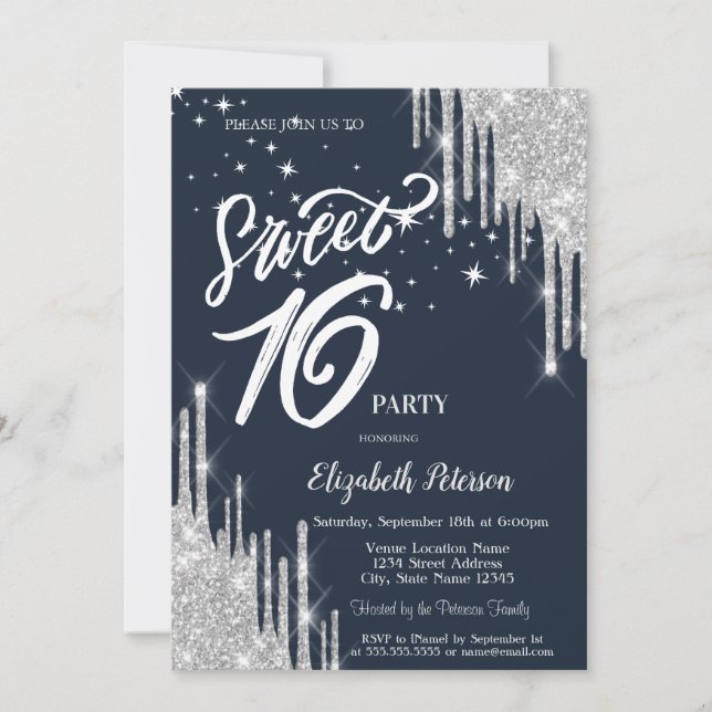  Silver Glitter Drips Stars Navy Blue Sweet 16  Invitation (Front)