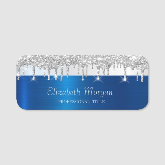 Silver Glitter Drips Stripe Blue Metallic Name Tag (Front)