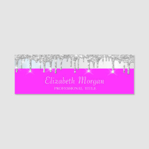 Silver Glitter Drips,Stripe,Pink Fluorescent Neon Name Tag