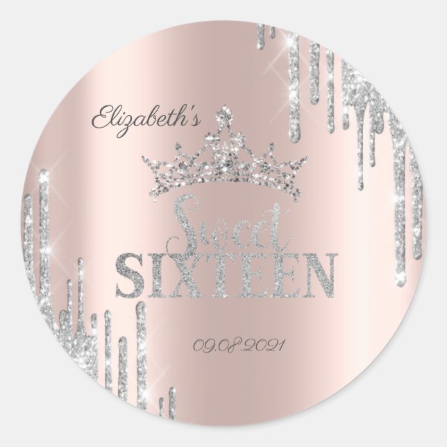 Silver Glitter Drips Tiara Rose Gold Sweet 16   Classic Round Sticker (Front)
