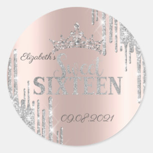 Silver Glitter Drips Tiara Rose Gold Sweet 16  Classic Round Sticker