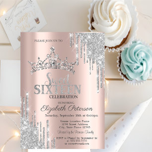 Silver Glitter Drips Tiara Rose Gold Sweet 16 Invitation