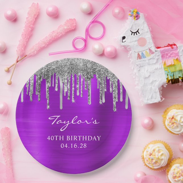 Silver Glitter Drips Violet Foil 40th Birthday Paper Plates (Party)