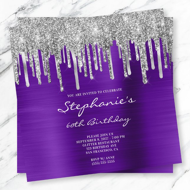 Silver Glitter Drips Violet Foil 60th Birthday Invitation (Purple and silver dripping glitter birthday invite.)