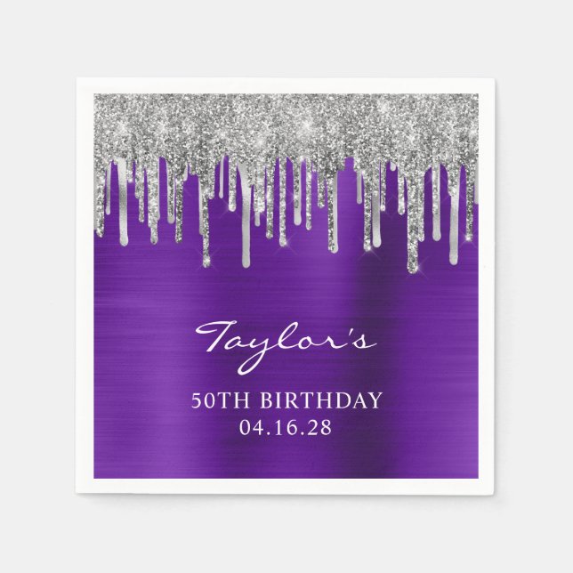 Silver Glitter Drips Violet Purple 50th Birthday Napkins (Front)