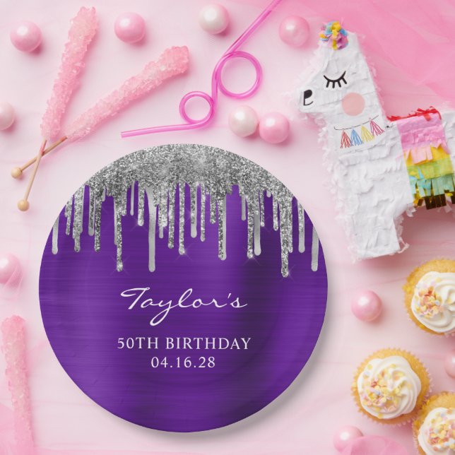 Silver Glitter Drips Violet Purple 50th Birthday Paper Plates (Party)