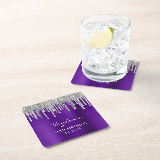 Silver Glitter Drips Violet Purple 50th Birthday Square Paper Coaster (Insitu)