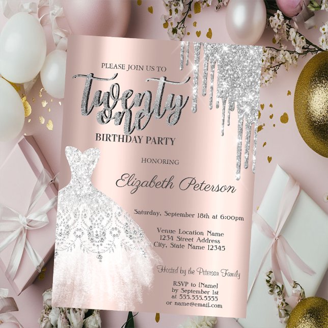 Silver Glitter Drips,White Dress 21th Birthday  Invitation (Creator Uploaded)