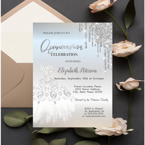 Silver Glitter DripsWhite Dress Quinceaera Invitation