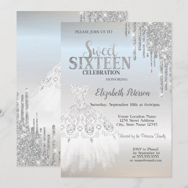 Silver Glitter Drips,White Dress Silver Sweet 16  Invitation (Front/Back)
