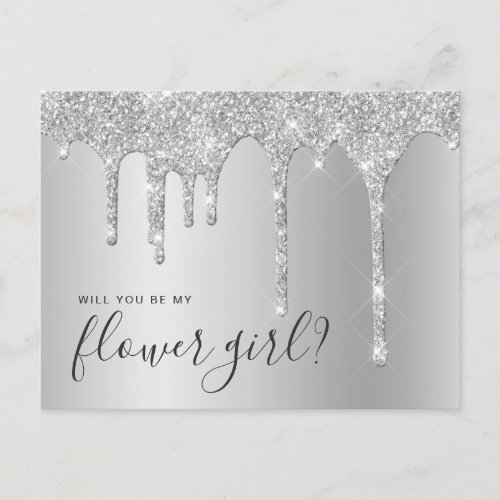 Silver glitter drips will you be my flower girl invitation postcard