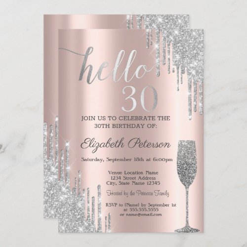 Silver Glitter Drips Wine Glass 30th Birthday  Invitation