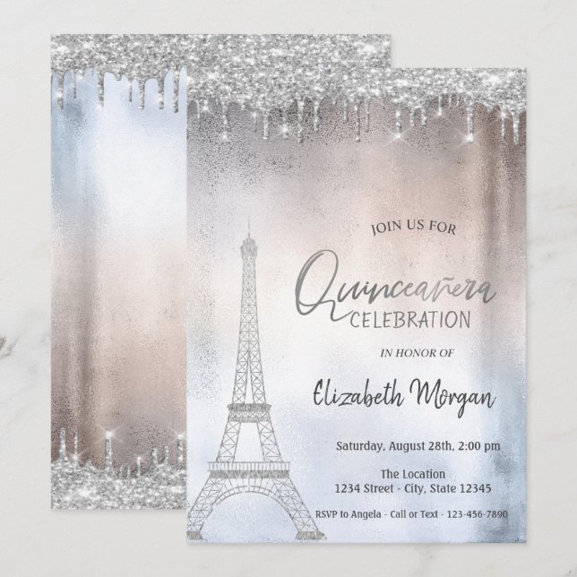 Silver Glitter Drops Eiffel Tower  Quinceanera Invitation (Front/Back)