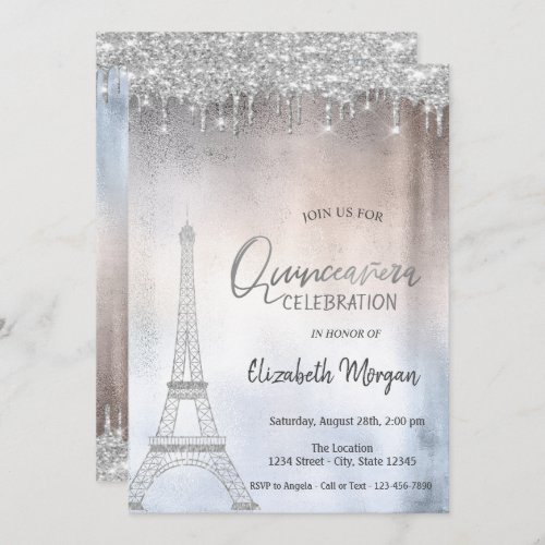 Silver Glitter Drops Eiffel Tower  Quinceanera Invitation