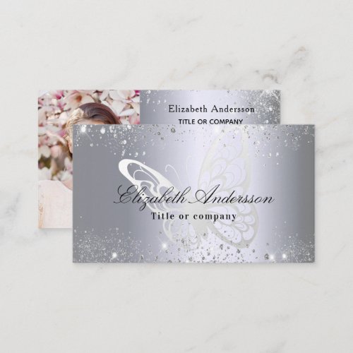 Silver glitter dust butterfly qr code photo business card