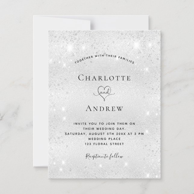 Silver glitter dust magnet wedding invitation (Front)