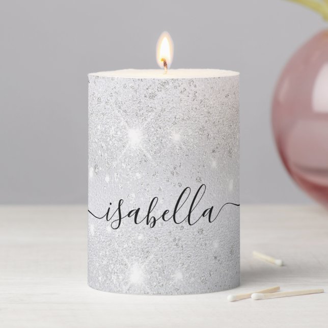 Silver glitter dust metal name script  pillar candle (In Situ)