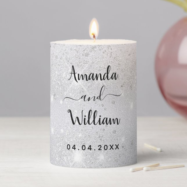 Silver glitter dust metal names wedding pillar candle (In Situ)