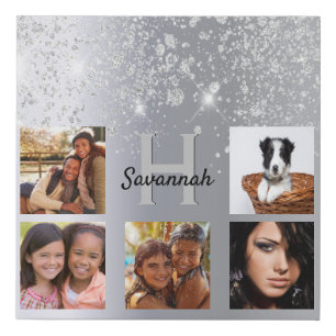 Silver glitter dust photo collage monogram faux canvas print
