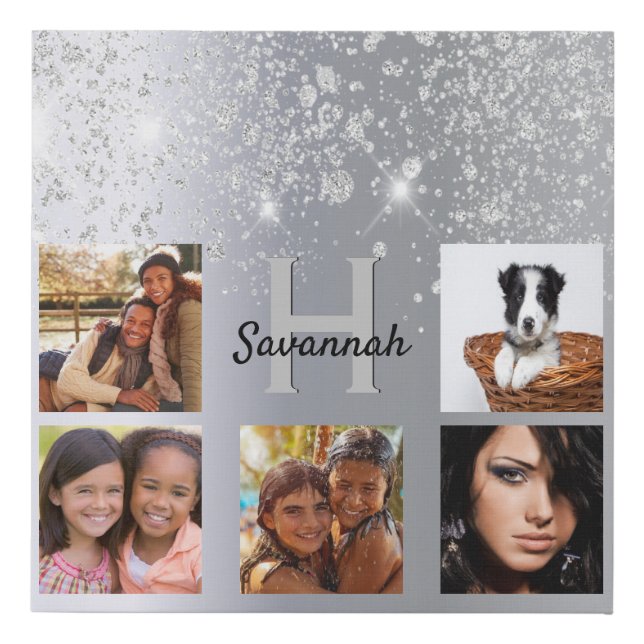 Silver glitter dust photo collage monogram faux canvas print (Front)