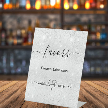 Silver Glitter Dust Wedding Guest Favors Pedestal Sign by Thunes at Zazzle