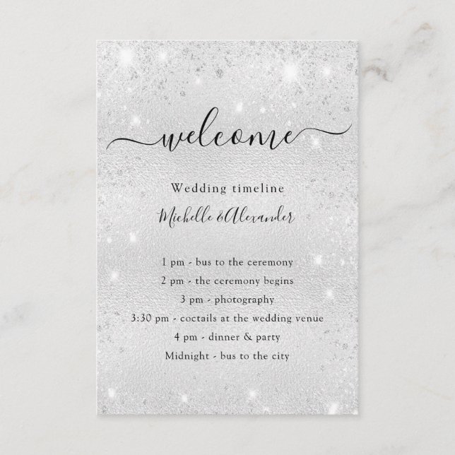 Silver glitter dust wedding program details (Front)
