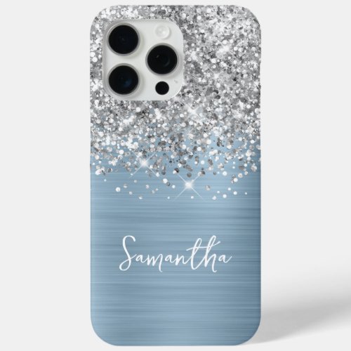 Silver Glitter Dusty Blue Glam Name iPhone 15 Pro Max Case