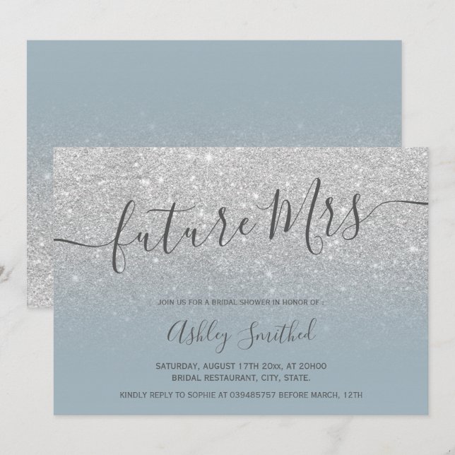 Silver glitter dusty blue Mrs bridal shower Invitation (Front/Back)