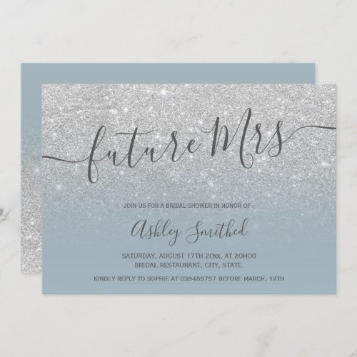 Silver glitter dusty blue Mrs bridal shower Invitation