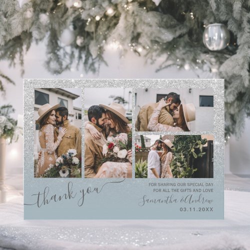 Silver glitter dusty blue ombre script 4 photos thank you card