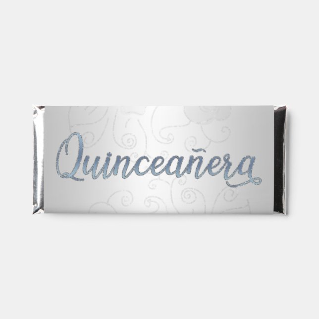Silver Glitter Dusty Blue QUINCEAÑERA  Hershey Bar Favors (Front)