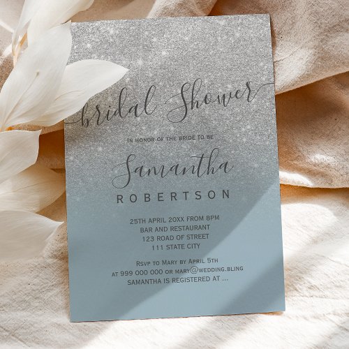 Silver glitter dusty blue script bridal shower invitation