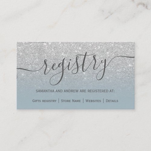 Silver glitter dusty blue script registry enclosure card